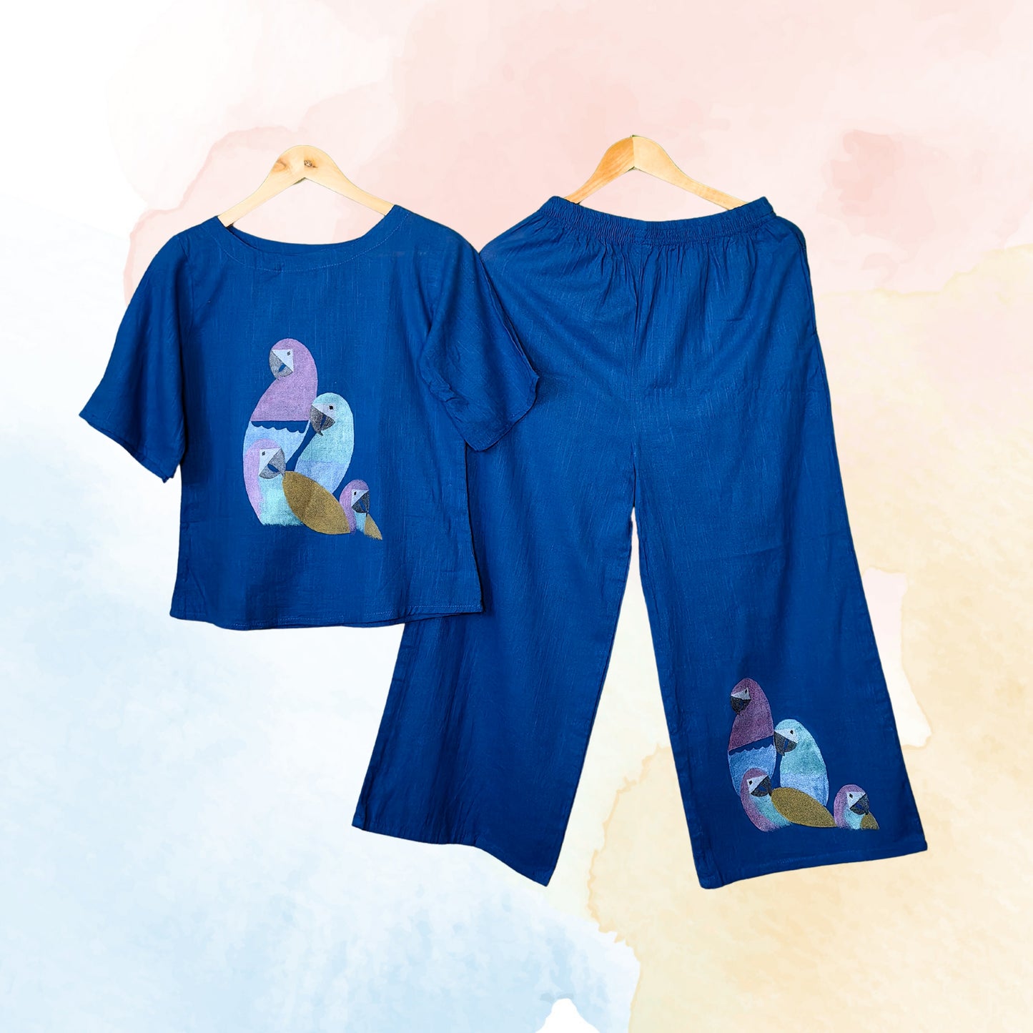 Women's Hand-Painted Parrots Design Co-Ord Set