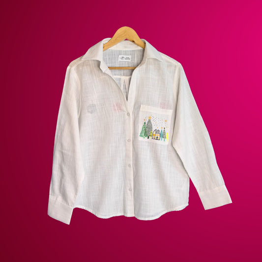 Women's Hand-Painted Christmas theme Oversized Cotton Shirt