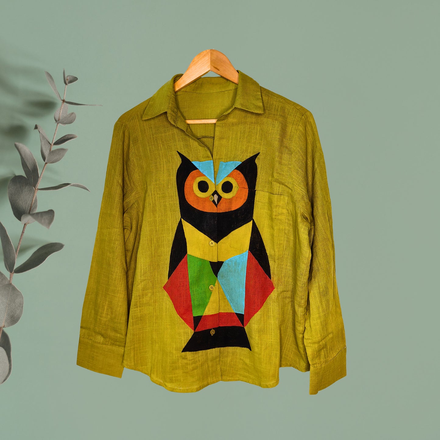 Women's Hand-Painted Geometric Owl Oversized Cotton Shirt